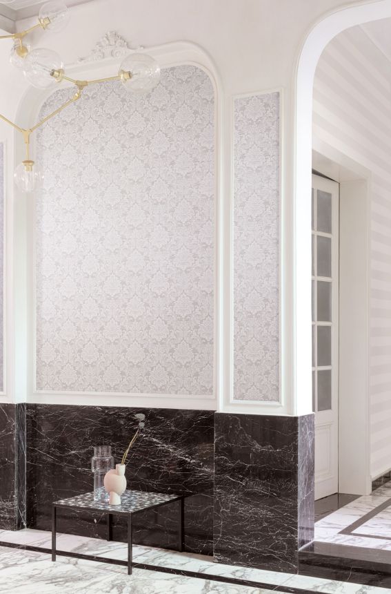 Gray wallpaper with baroque pattern, OTH005, Othello, Zoom by Masureel
